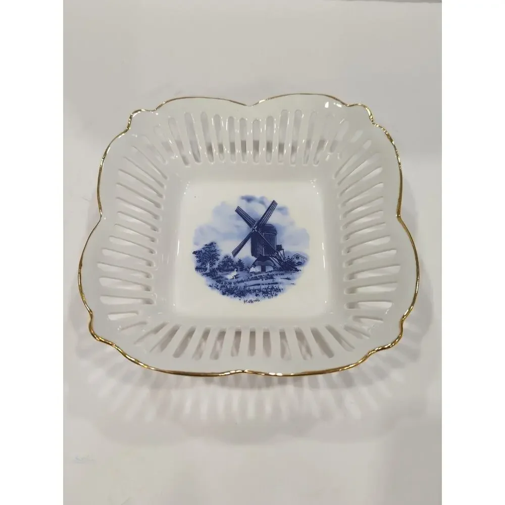 Royal Tri Ever Blue Windmill Porcelain Hand Painted Decorative Basket Bowl